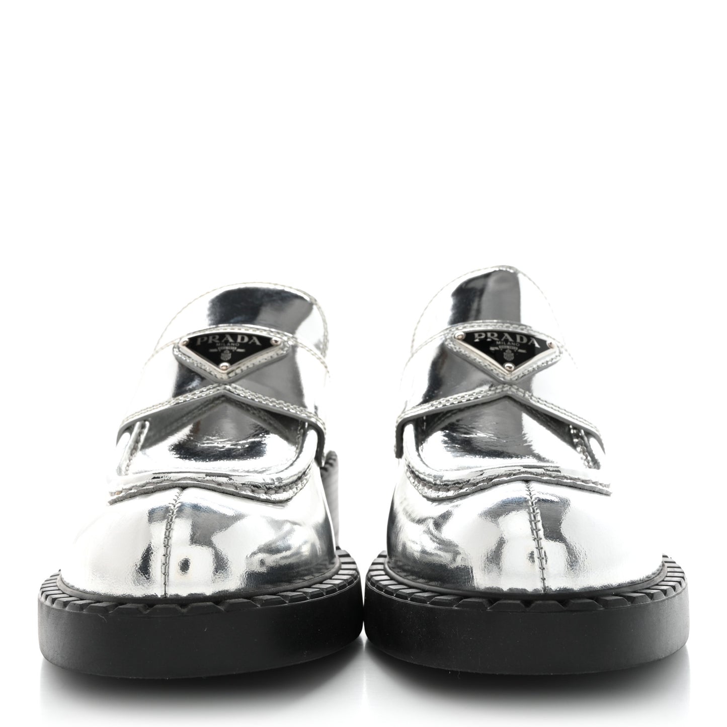 Metallic Brushed Calfskin Metal Triangle Logo 50mm Loafers 38.5 Argento