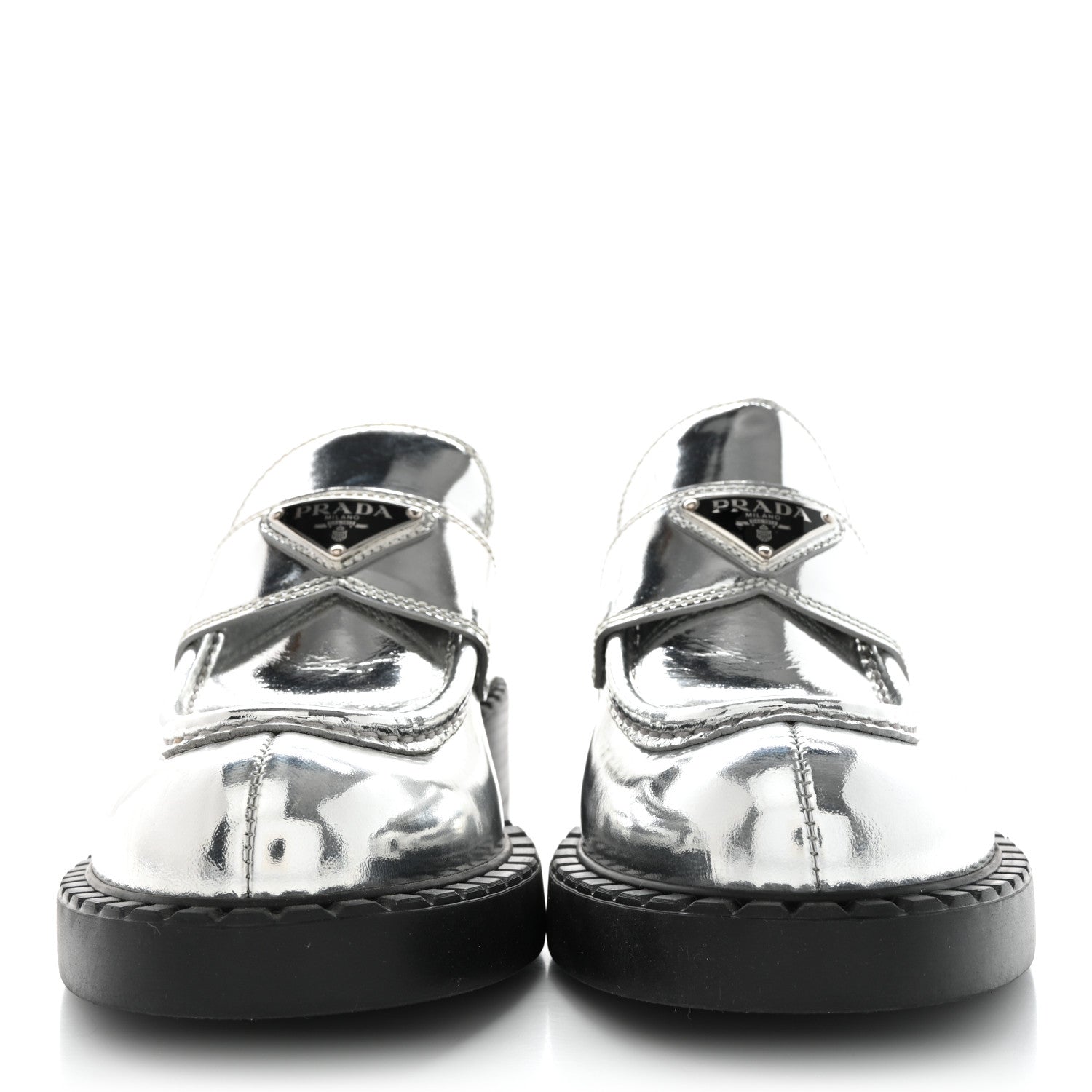 Prada Metallic Brushed Calfskin Metal Triangle Logo 50mm Loafers 38.5 Argento 2 of 9