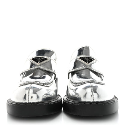 Prada Metallic Brushed Calfskin Metal Triangle Logo 50mm Loafers 38.5 Argento 2 of 9