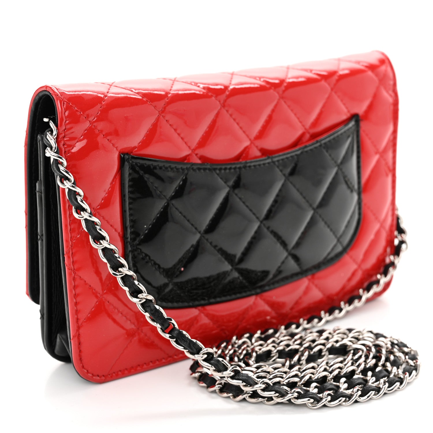 Chanel Patent Quilted Bi-Color Wallet On Chain WOC Red Black 3 of 11