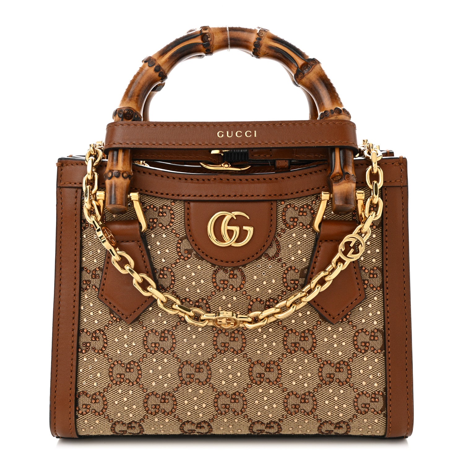 Gucci New Canvas Charisma Calfskin Crystal GG Monogram Mini Diana Tote Bag Camel Ebony 1 of 11