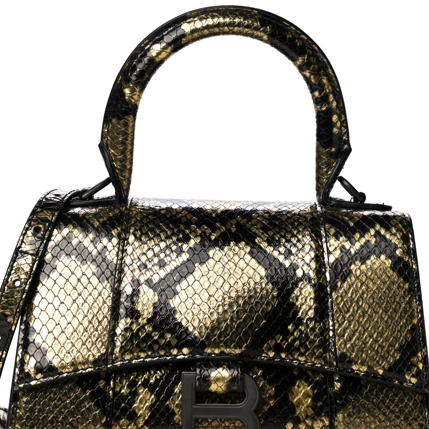 Shiny Calfskin Snakeskin Embossed Hourglass Top Handle Bag XS Gold Black