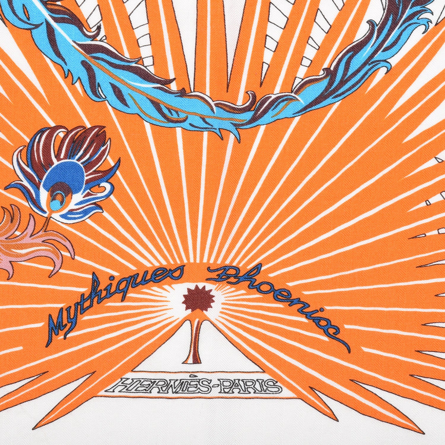 Hermes Cashmere Silk Mythiques Phoenix Coloriage Shawl 140 Blanc Orange Bleu 4 of 7