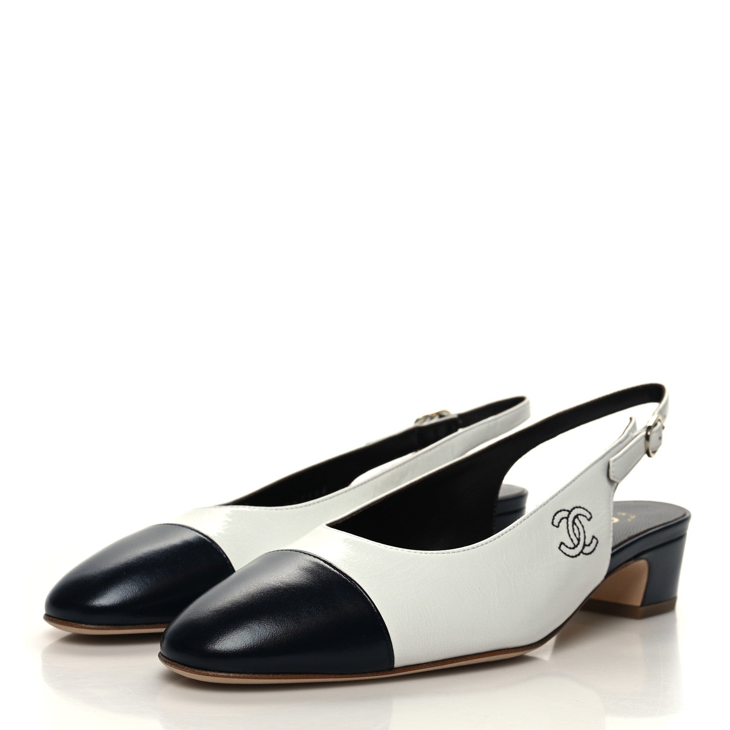 Chanel Calfskin Cap Toe CC Slingback Pumps 37.5 White Dark Navy 3 of 9