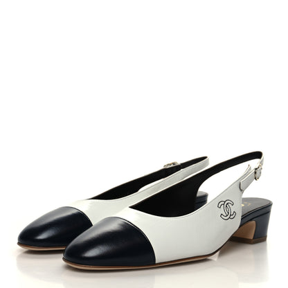 Chanel Calfskin Cap Toe CC Slingback Pumps 37.5 White Dark Navy 3 of 9