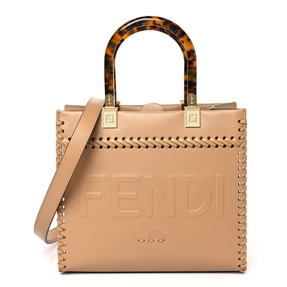 Fendi Vitello King Ceylon Plexiglass Woven Logo Debossed Small Fendi Sunshine Shopper Tote Miele Scuro 1 of 9