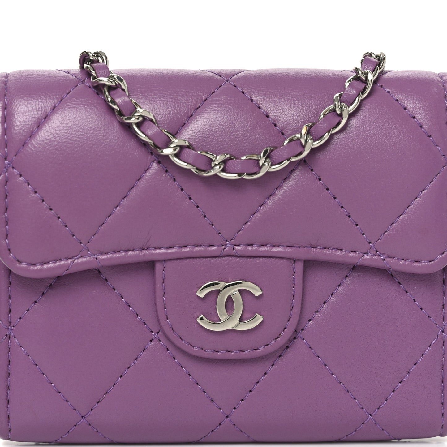 Lambskin Quilted Flap Card Holder On Chain Violet Purple