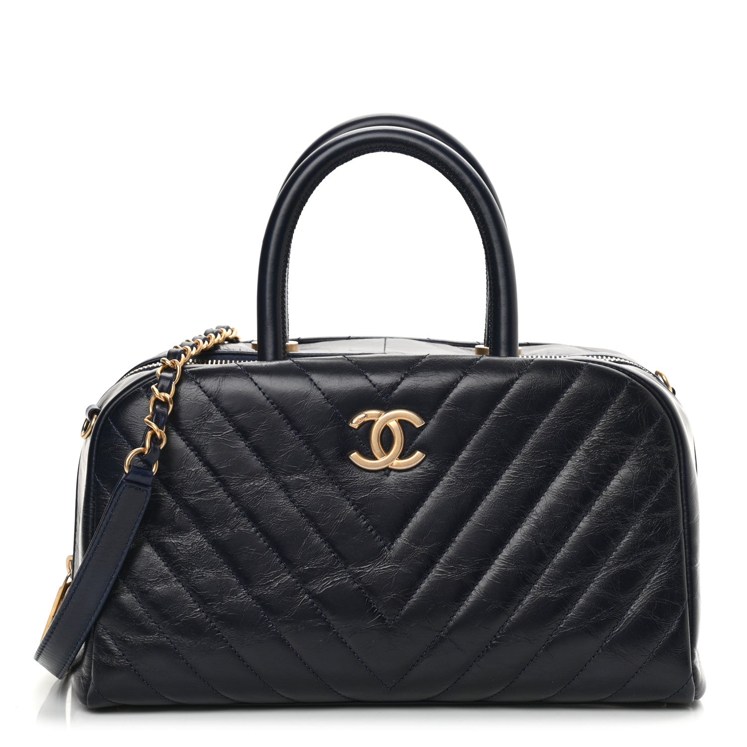 Chanel Glazed Calfskin Chevron Small Bowling Bag Navy 1 of 13