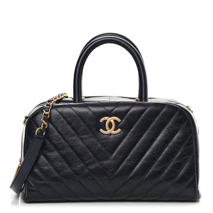 Chanel Glazed Calfskin Chevron Small Bowling Bag Navy 1 of 13