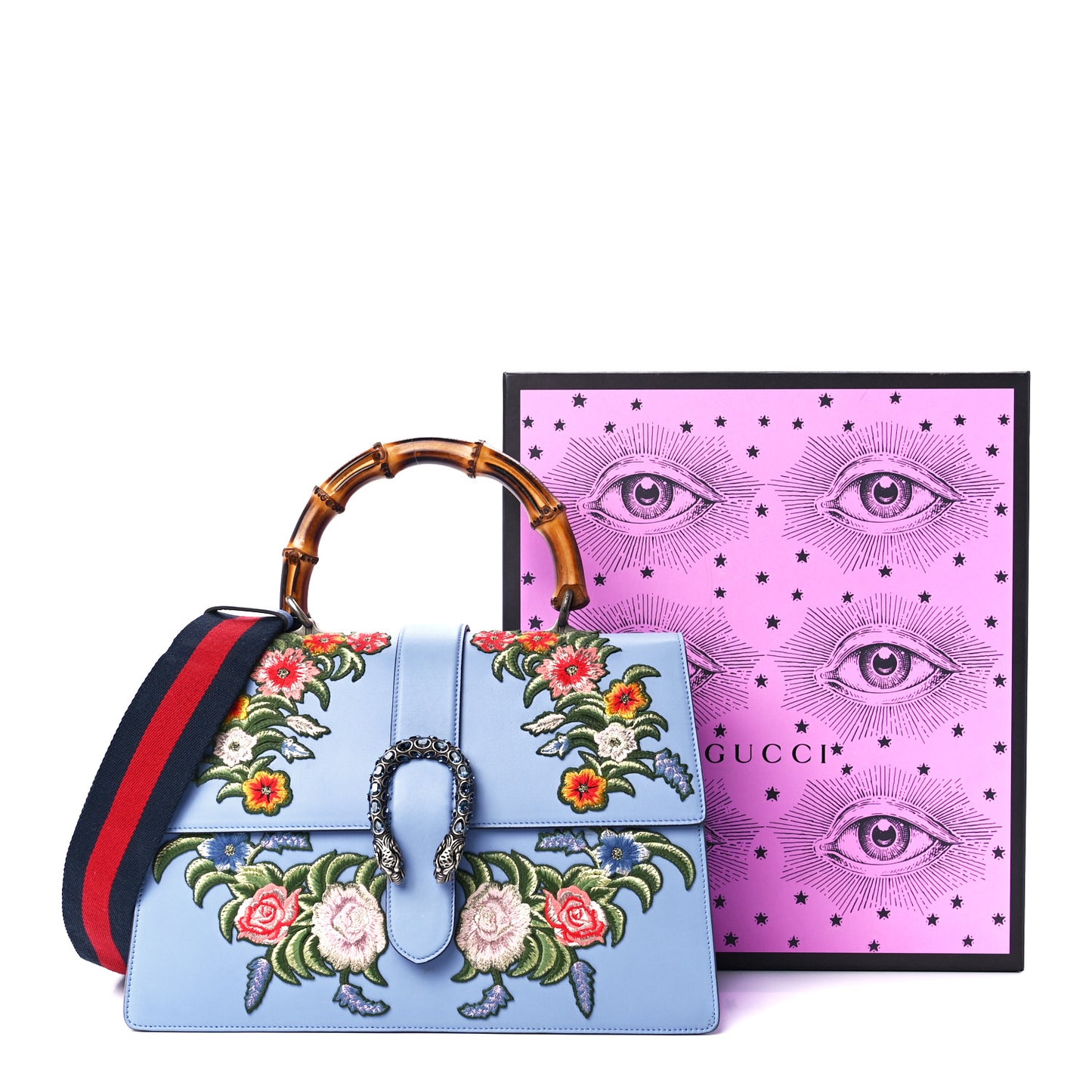 Moon Calfskin Crystal Web Embroidered Large Dionysus Bamboo Top Handle Bag Clear Sky Blue Multicolor