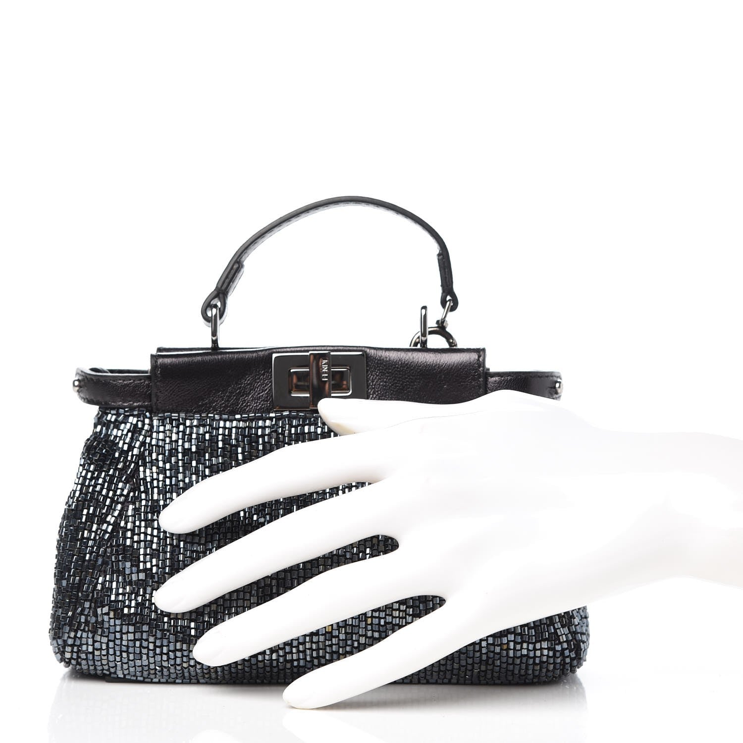 Fendi Laminated Goatskin Beaded Micro Peekaboo Iconic Satchel Canna di Fucile Black 2 of 10