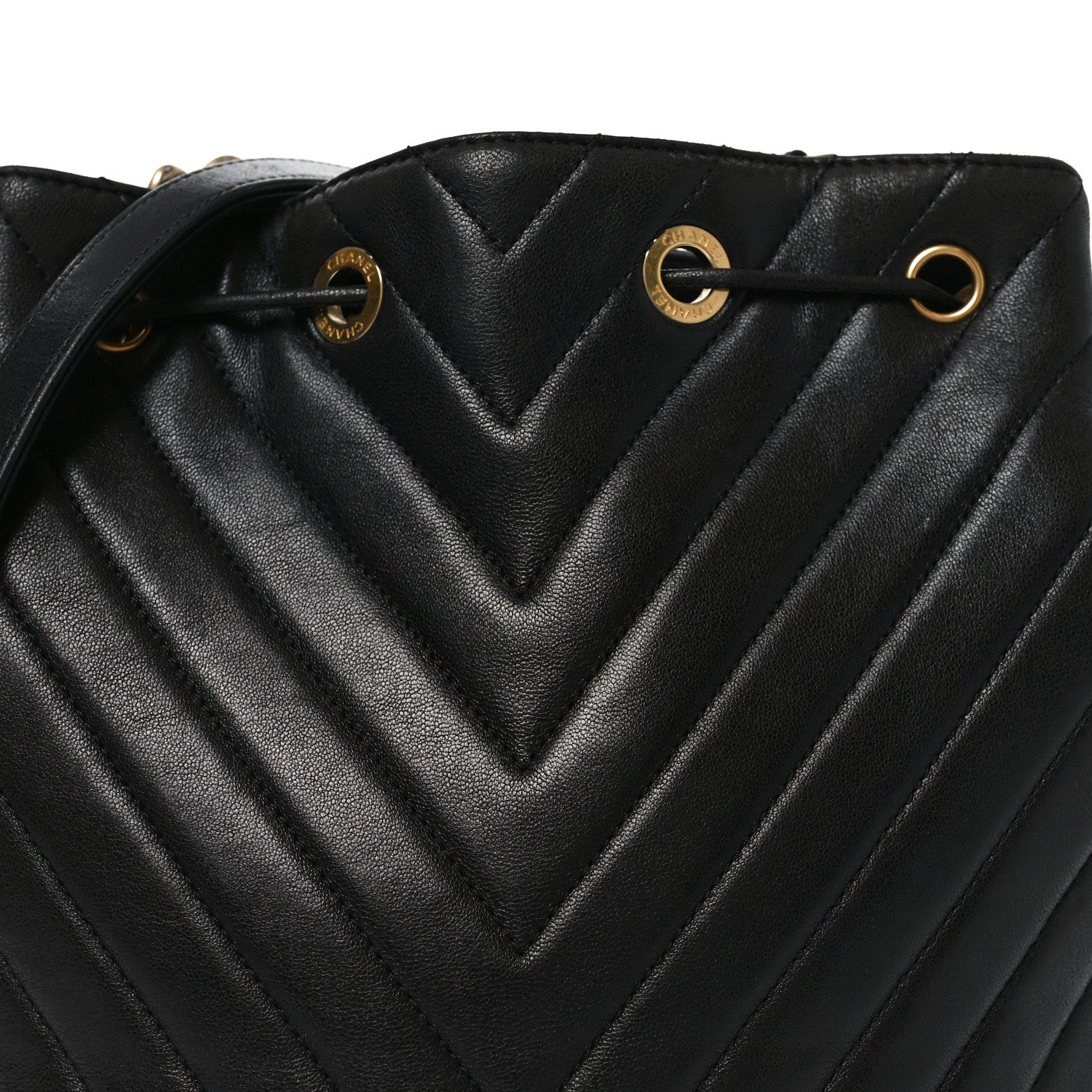 Chanel Sheepskin Chevron Quilted Drawstring Bag Black 8 of 10