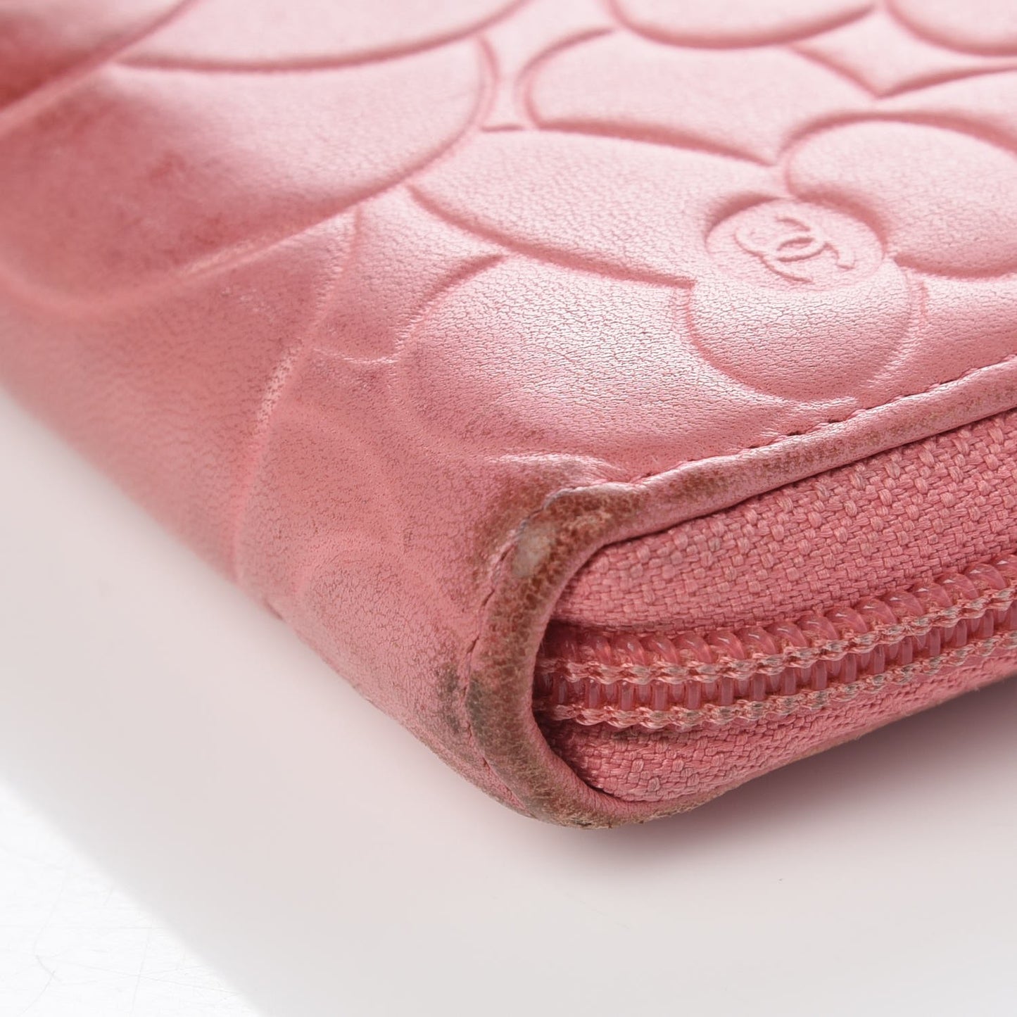 Lambskin Camellia Embossed Zip Around Large Gusset Wallet Pink
