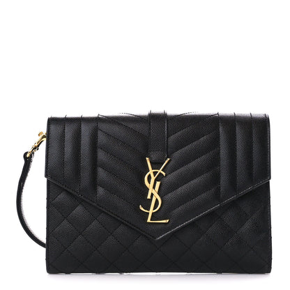 Saint Laurent Grain De Poudre Textured Mixed Matelasse Triquilt Monogram Clutch Black 1 of 10