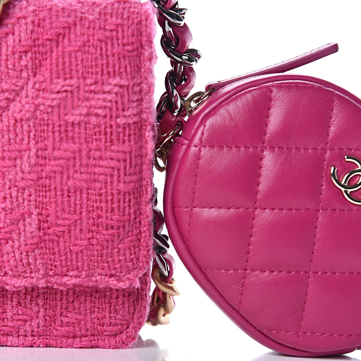 Chanel Wool Tweed Lambskin Quilted 19 Wallet On Chain WOC and Coin Purse Fuchsia 11 of 17