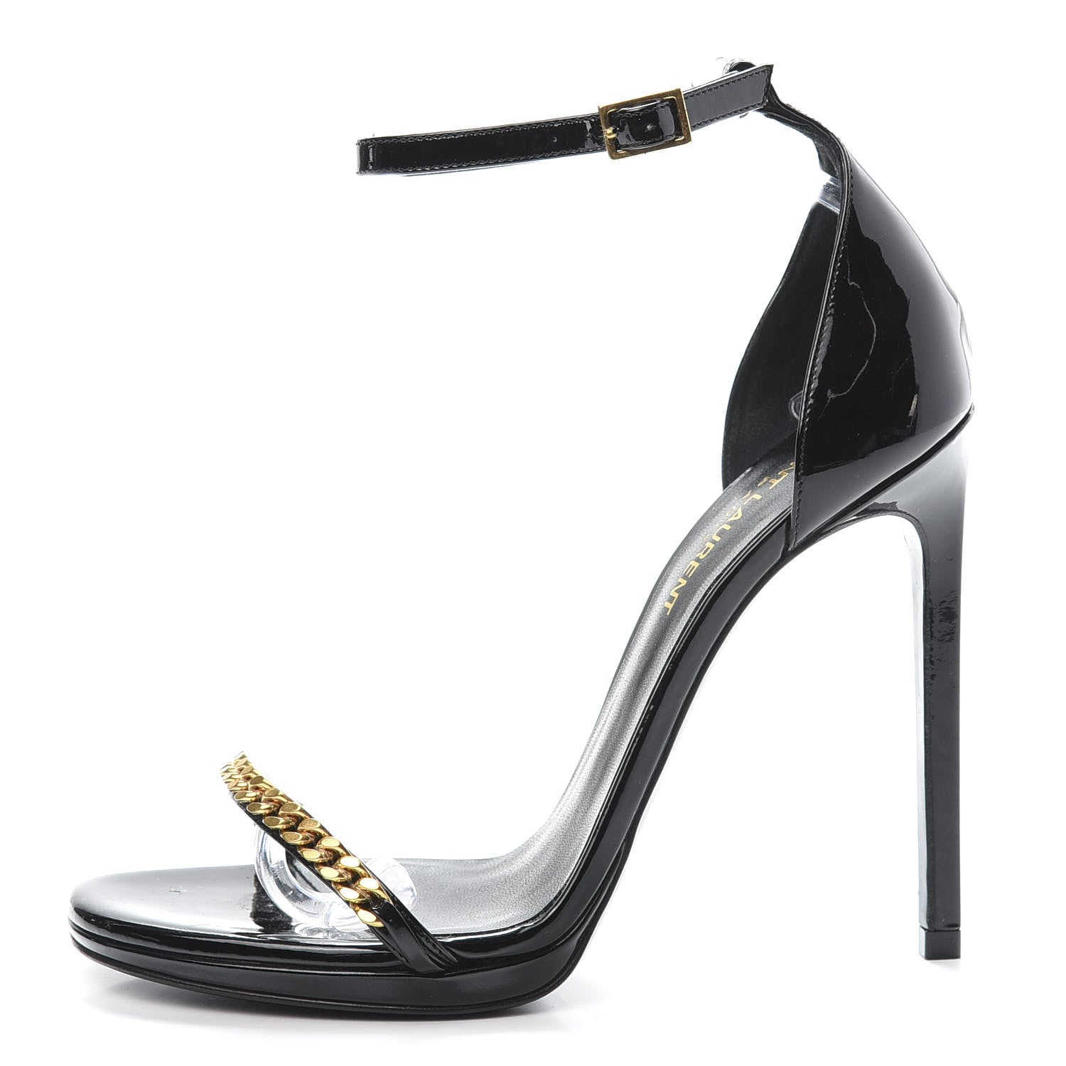 Saint Laurent Patent Calfskin Chain Jane 110 Ankle Strap Sandals 37.5 Black 1 of 8