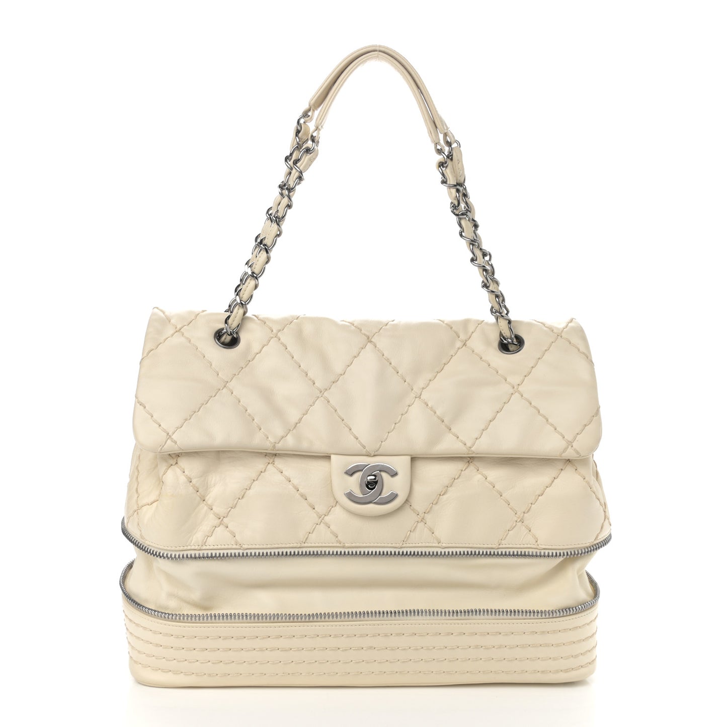 Calfskin Stitched Large Expandable Flap Bag White