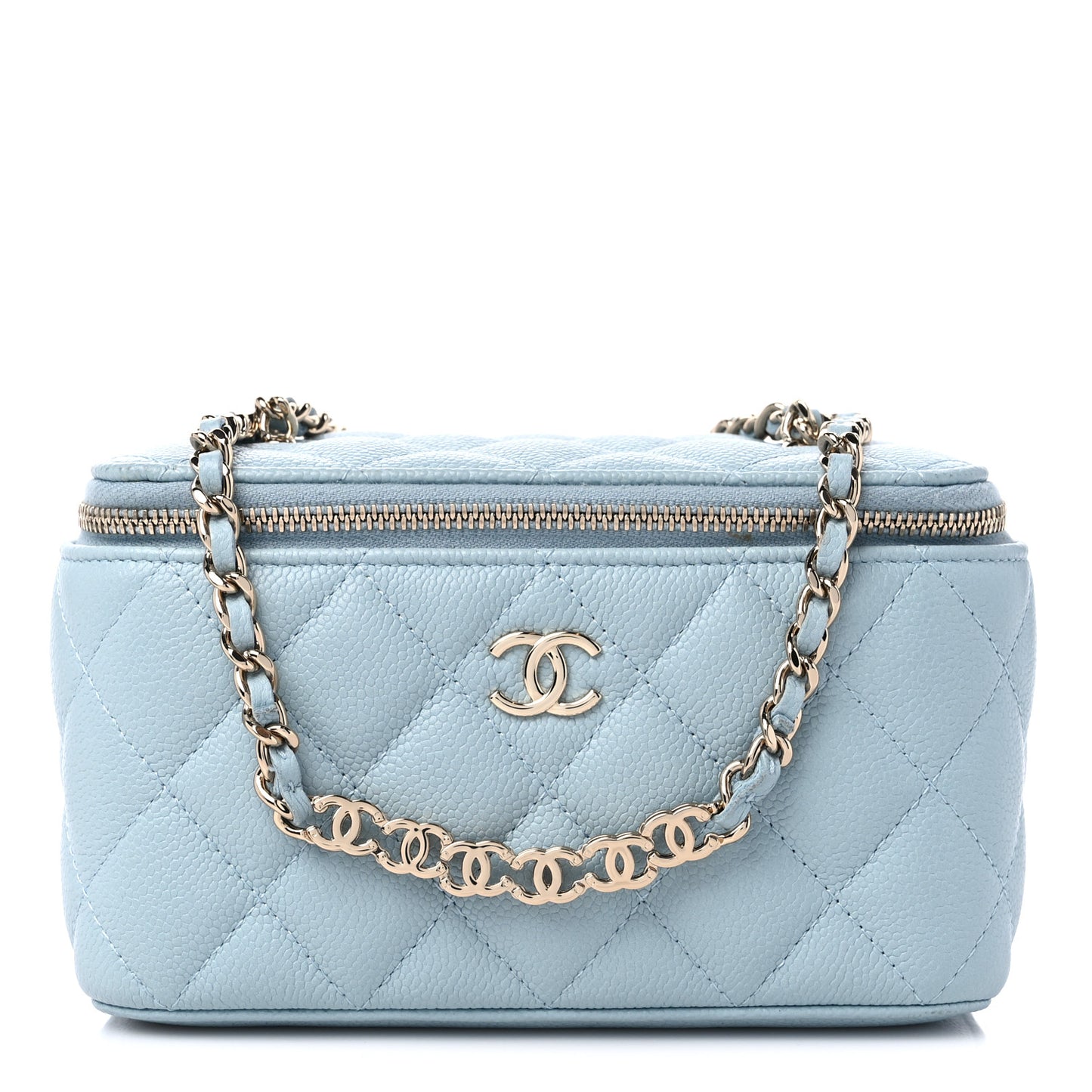 Caviar Quilted Small Tiny CC Vanity Case With Chain Light Blue