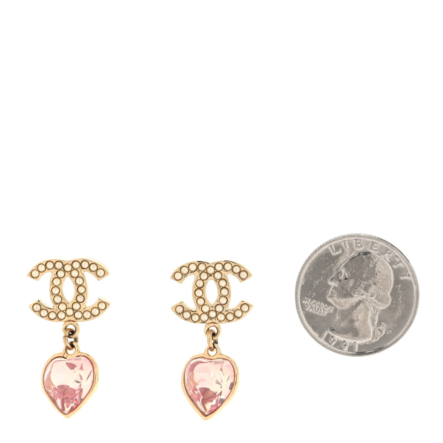 Chanel Crystal Pearl Heart CC Drop Earrings Pink Gold 2 of 4
