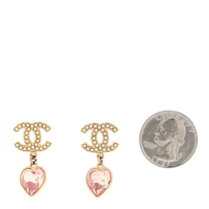 Chanel Crystal Pearl Heart CC Drop Earrings Pink Gold 2 of 4