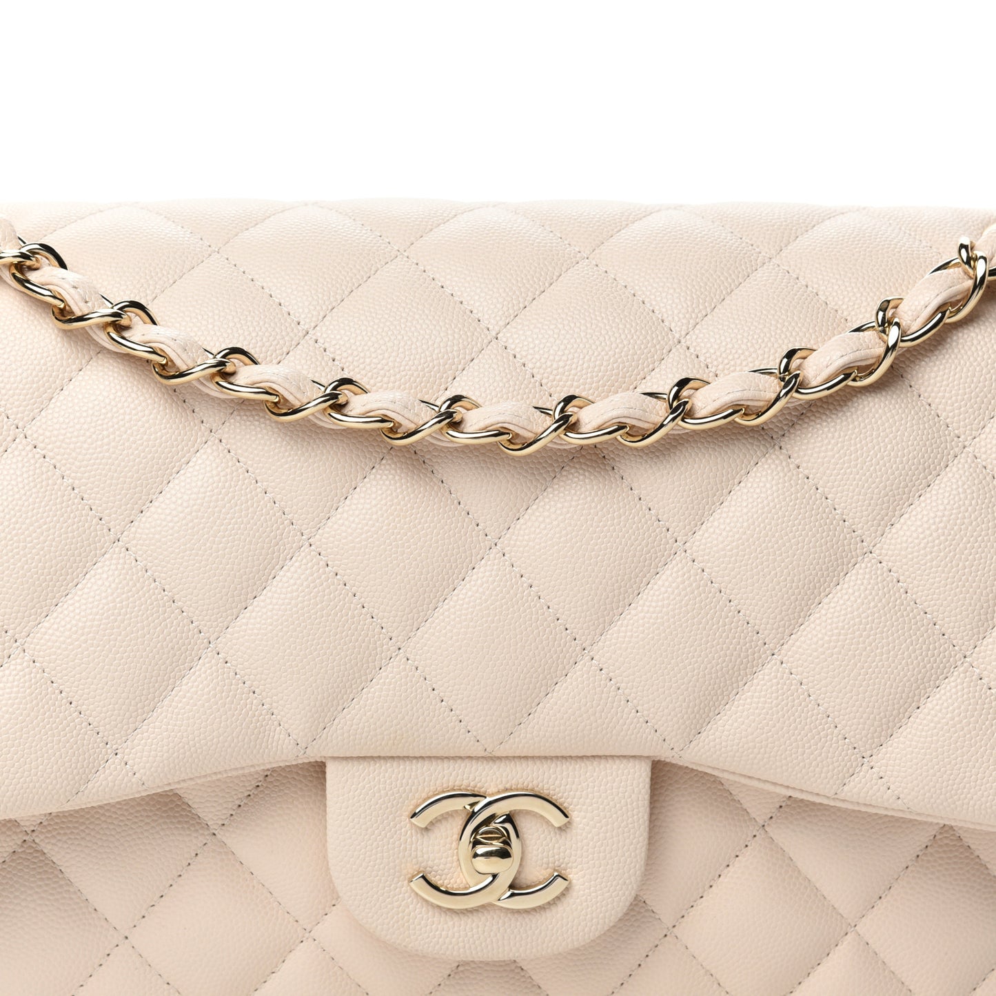 Caviar Quilted Jumbo Double Flap Light Beige