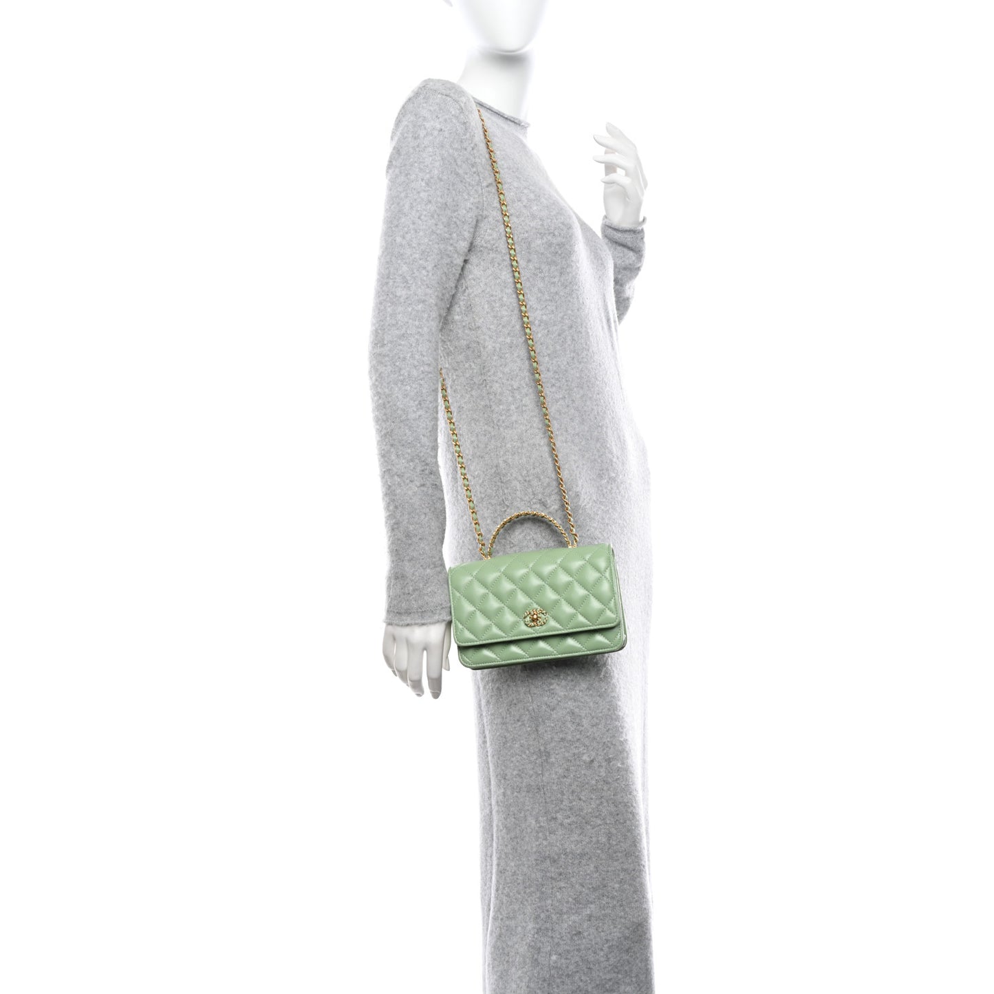 Lambskin Quilted CC Logo Handle Wallet On Chain WOC Light Green