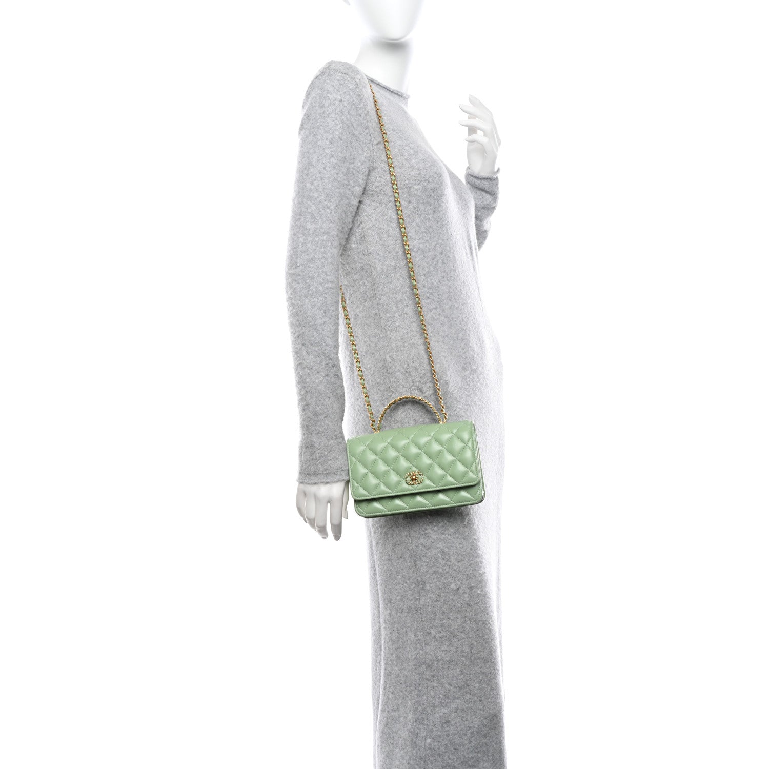 Chanel Lambskin Quilted CC Logo Handle Wallet On Chain WOC Light Green 2 of 12