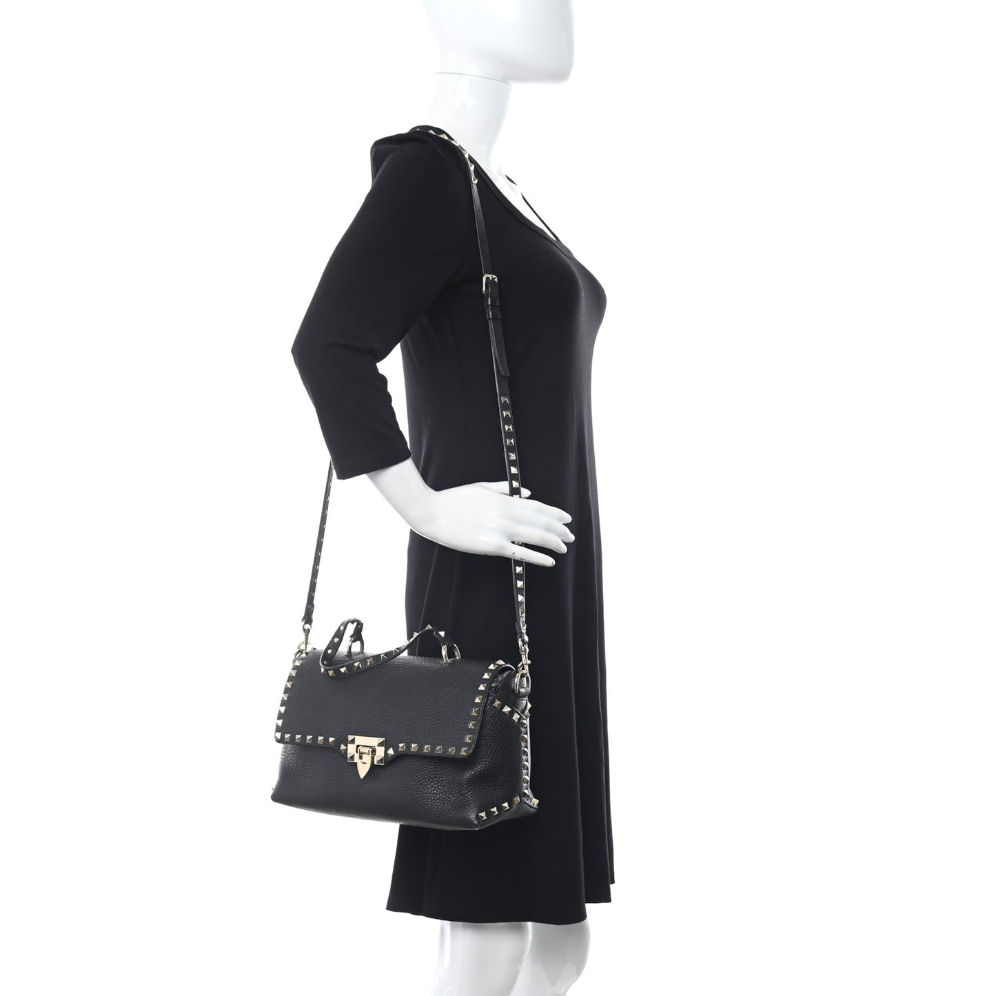 Pebbled Calfskin Medium Rockstud Top Handle Shoulder Bag Black