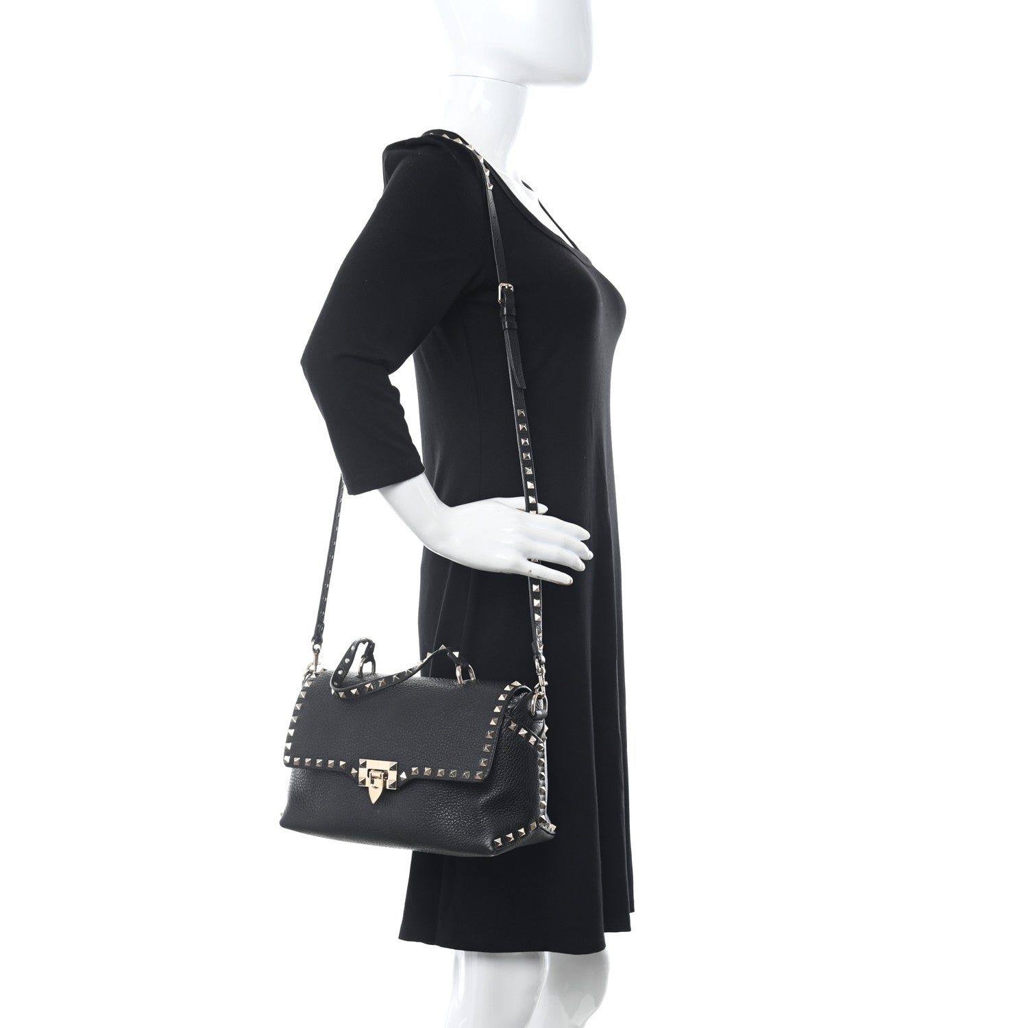 Valentino Garavani Pebbled Calfskin Medium Rockstud Top Handle Shoulder Bag Black 2 of 13