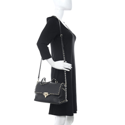 Valentino Garavani Pebbled Calfskin Medium Rockstud Top Handle Shoulder Bag Black 2 of 13