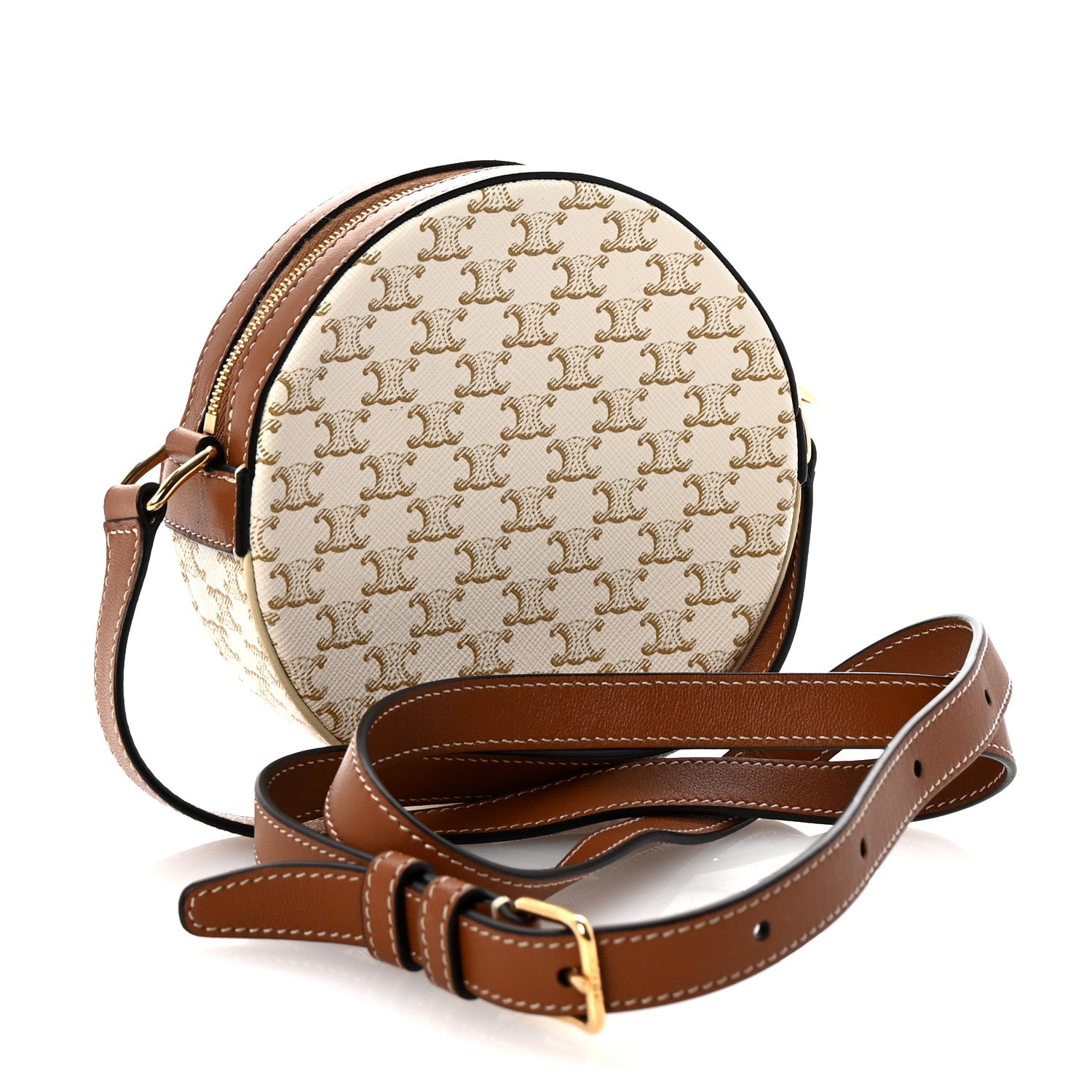 Celine Lambskin Triomphe Canvas Round Purse On Strap White Tan 2 of 8
