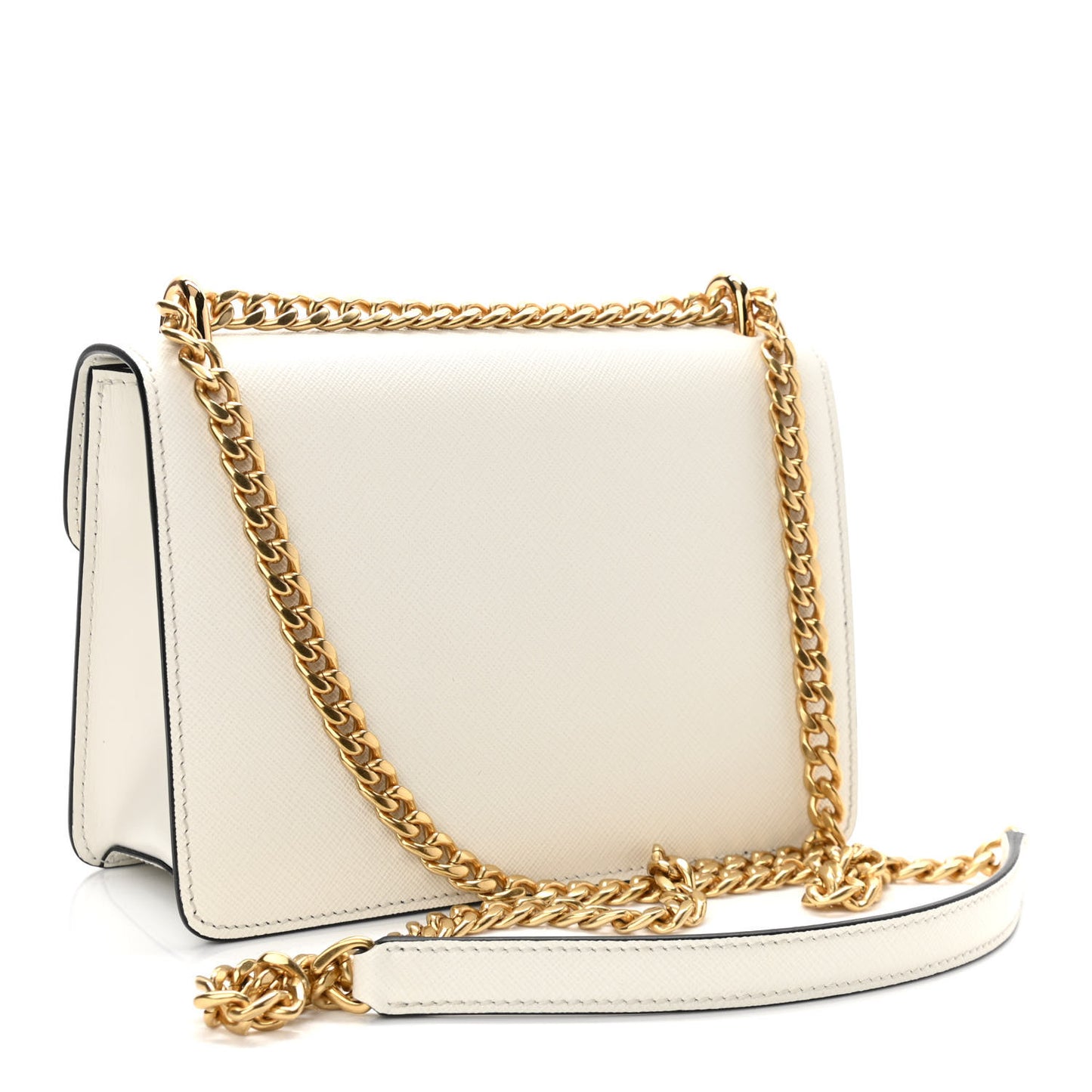 Saffiano Soft Calfskin Metal Triangle Logo Envelope Chain Shoulder Bag White