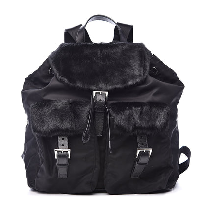 Prada Tessuto Nylon Saffiano Fur Backpack Black 1 of 12