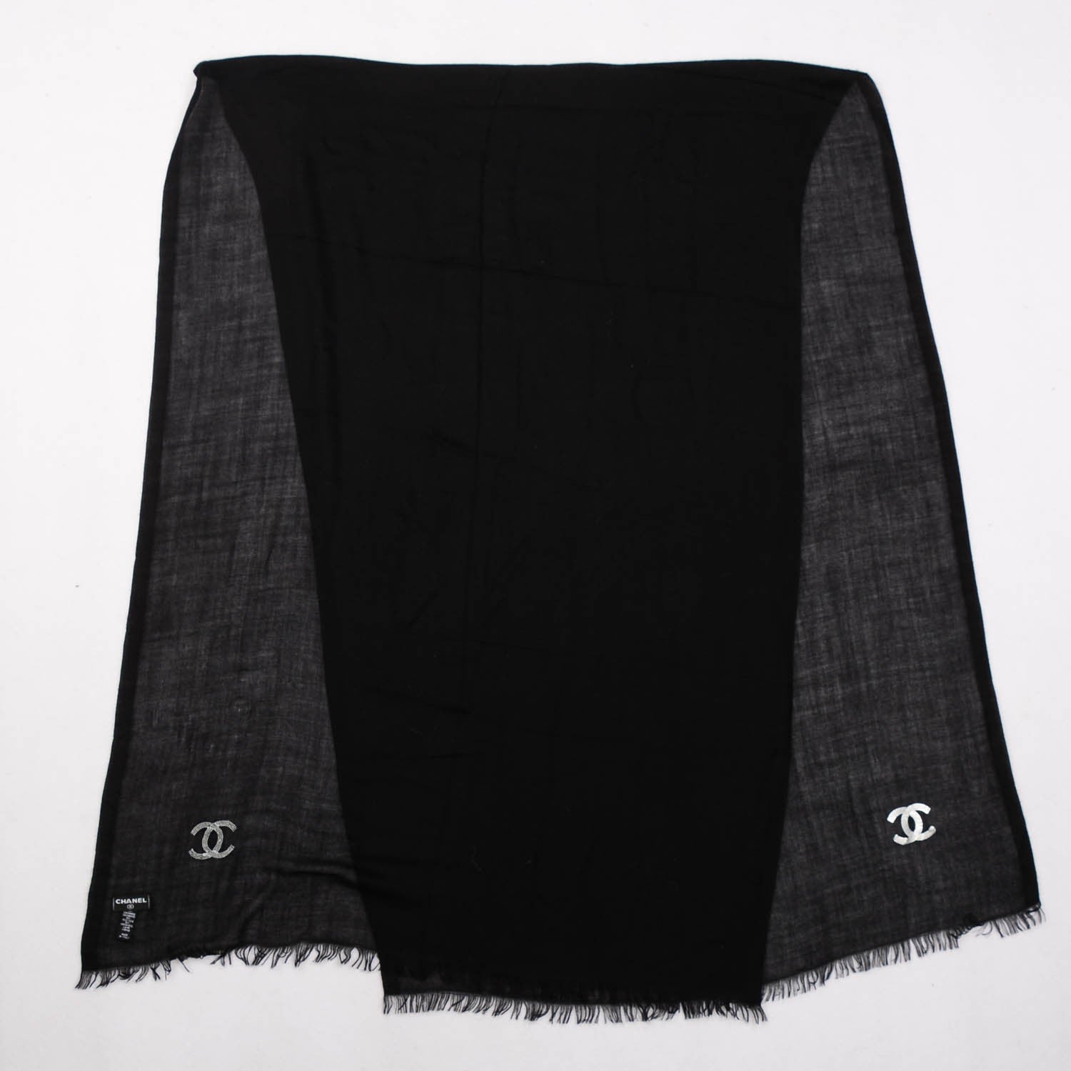Chanel Cashmere Silk Wool Sequins CC Stole Black Silver 3 of 5