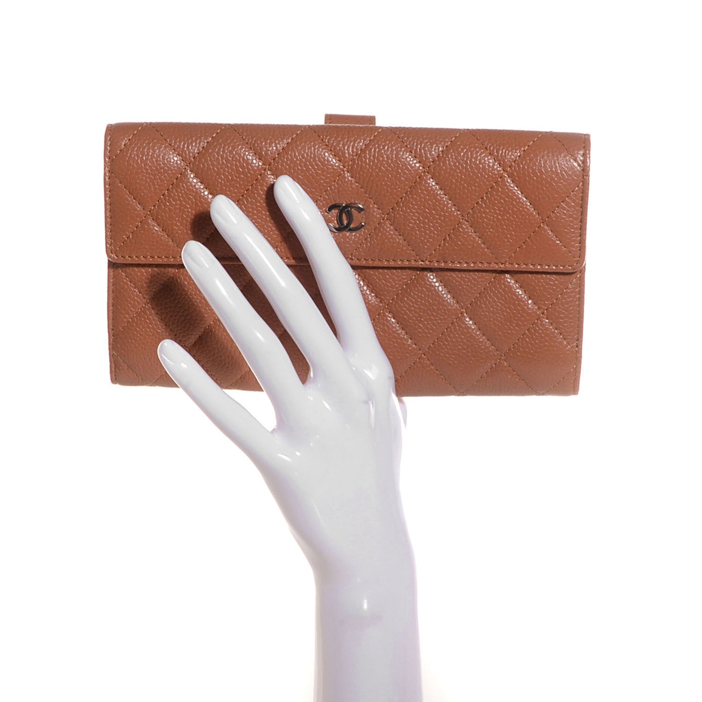 Caviar Quilted Long Flap Wallet Light Brown