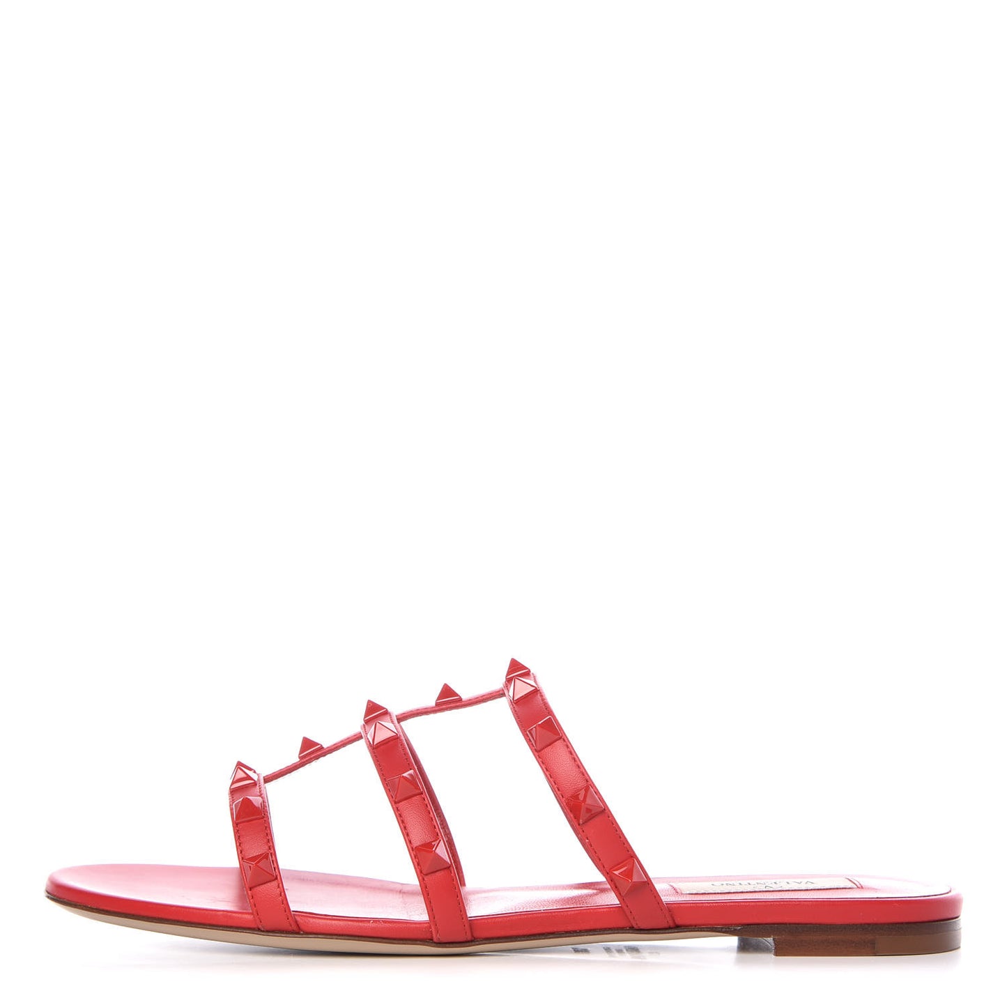 Calfskin Lacquered Monochrome Rockstud Caged Flat Slide Sandals 38.5 Rouge Pur
