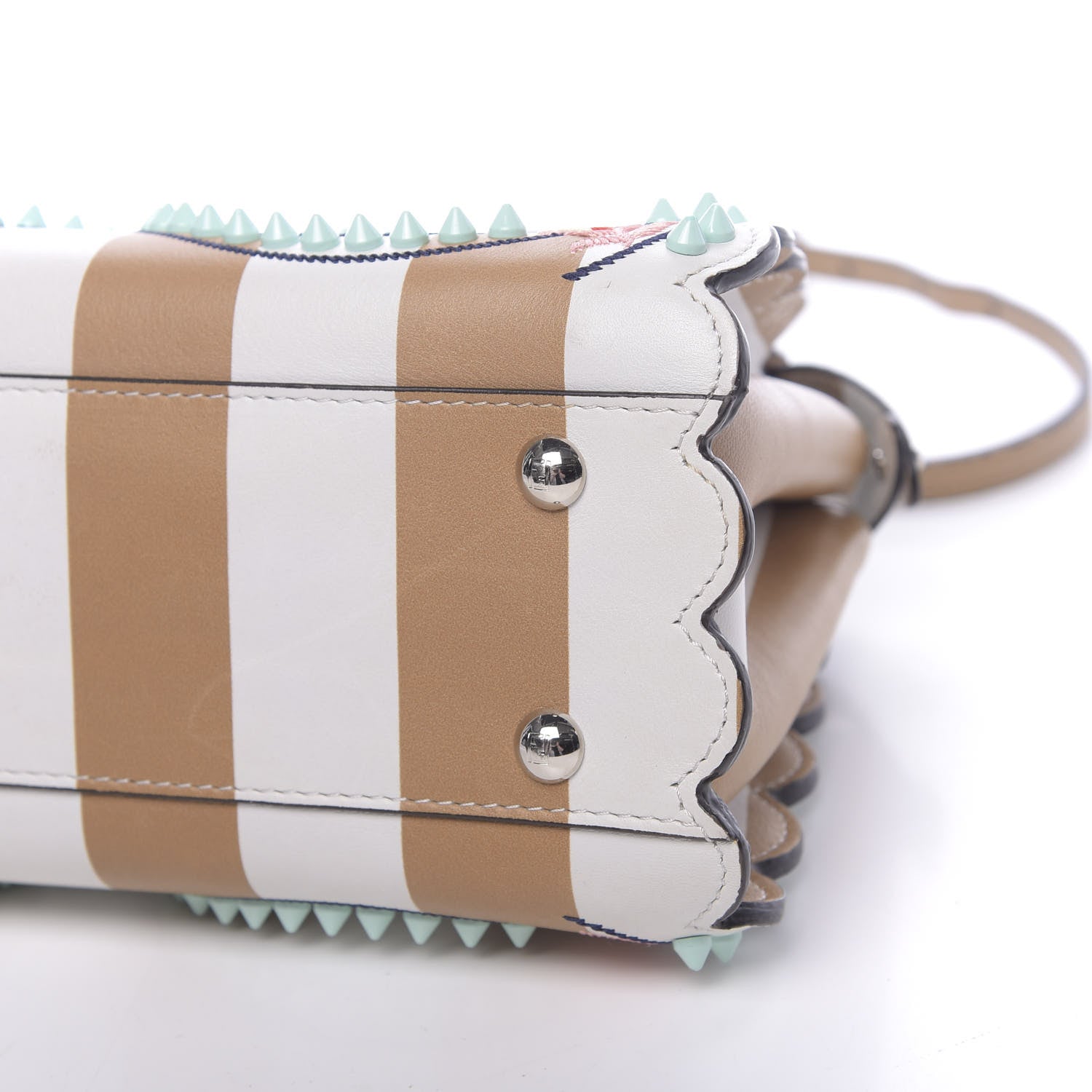Fendi Vitello Shiny Nappa Pequin Flowers and Bows Scalloped Studded Mini Peekaboo Iconic Satchel Cuoio White Multicolor 10 of 14