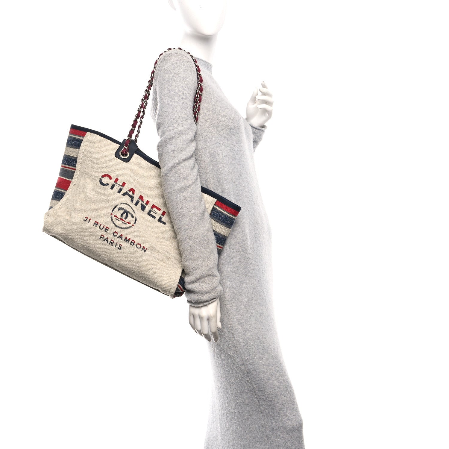 Chanel Striped Canvas Medium Deauville Tote Beige 2 of 12
