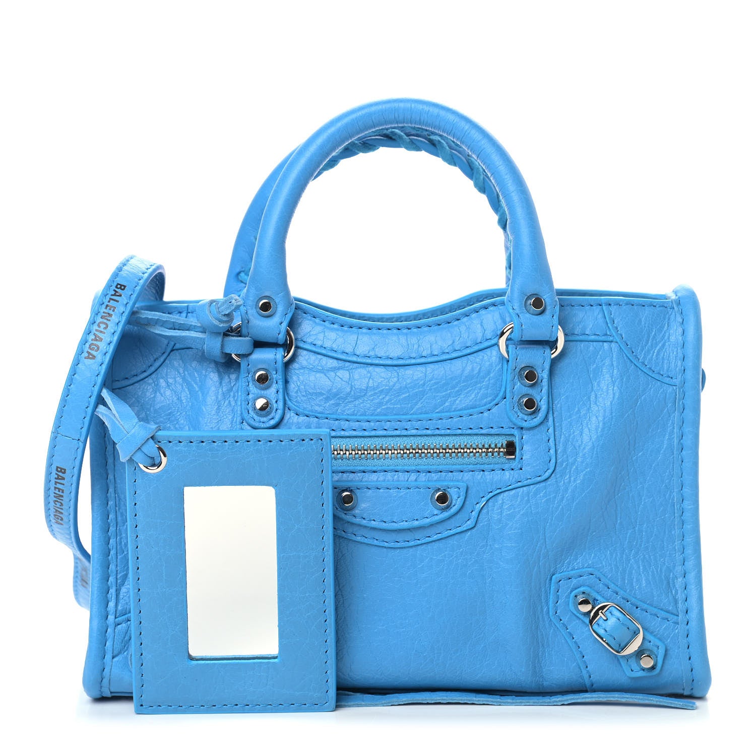 Balenciaga Agneau Classic Silver Hardware Nano City Logo Strap Bleu Turquoise Black 1 of 10