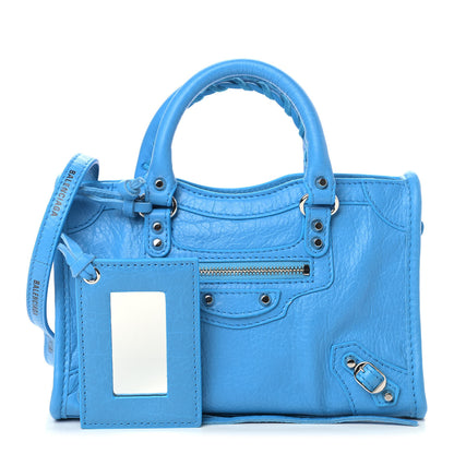 Balenciaga Agneau Classic Silver Hardware Nano City Logo Strap Bleu Turquoise Black 1 of 10