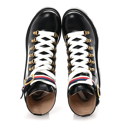 Gucci Calfskin Sylvie Web Womens Lace Up Combat Boots 39.5 Black 2 of 10