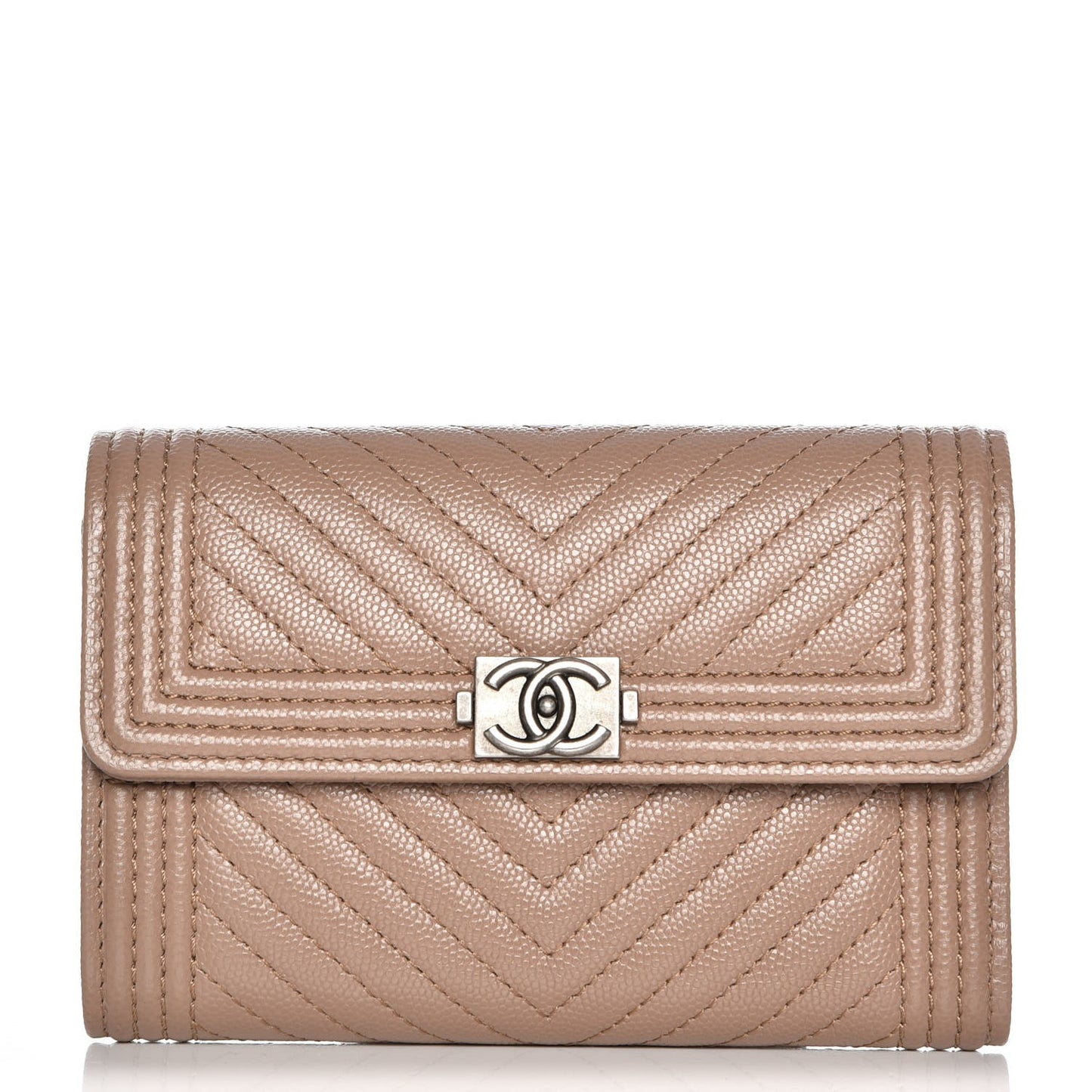 Caviar Chevron Quilted Medium Boy Flap Wallet Dark Beige