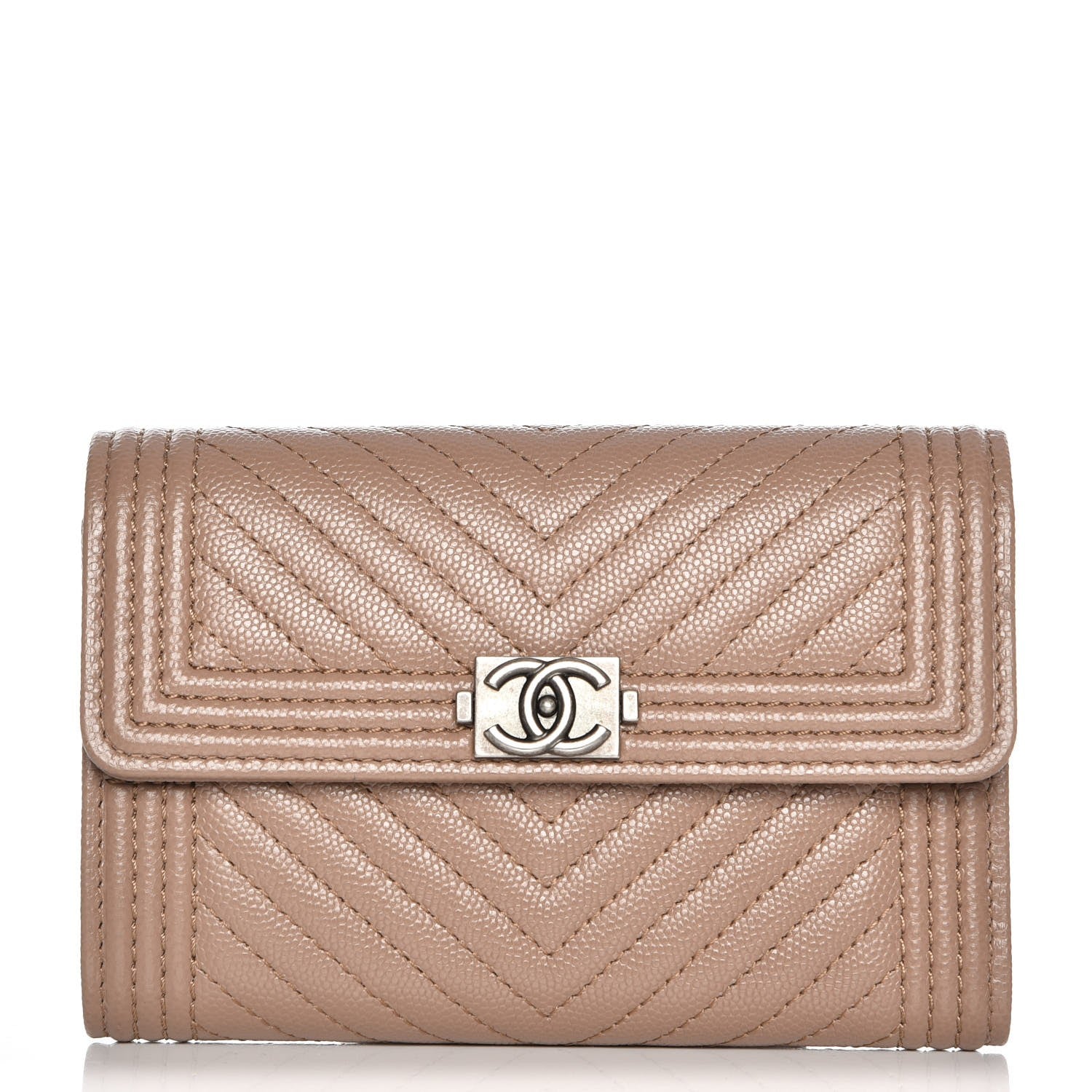 Chanel Caviar Chevron Quilted Medium Boy Flap Wallet Dark Beige 1 of 9