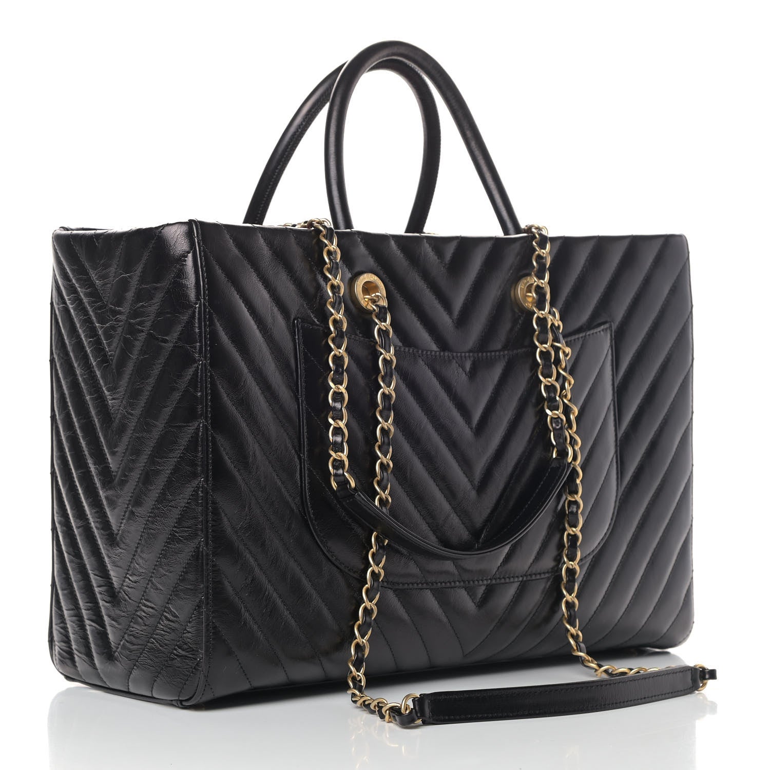 Chanel Aged Calfskin Chevron Large Coco Handle Shopping Tote Black 2 of 5