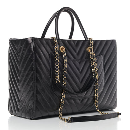 Chanel Aged Calfskin Chevron Large Coco Handle Shopping Tote Black 2 of 5