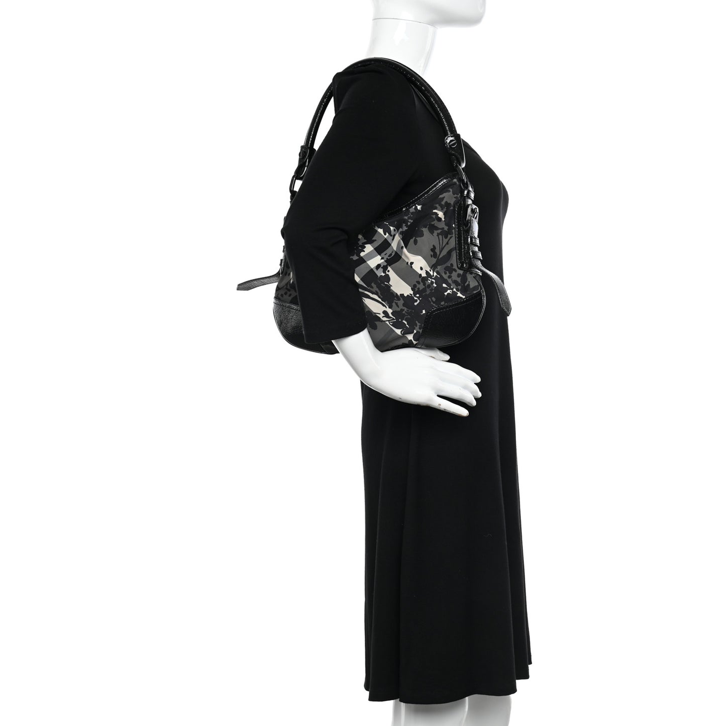 Patent Nylon Beat Check Floral Print Hobo Black