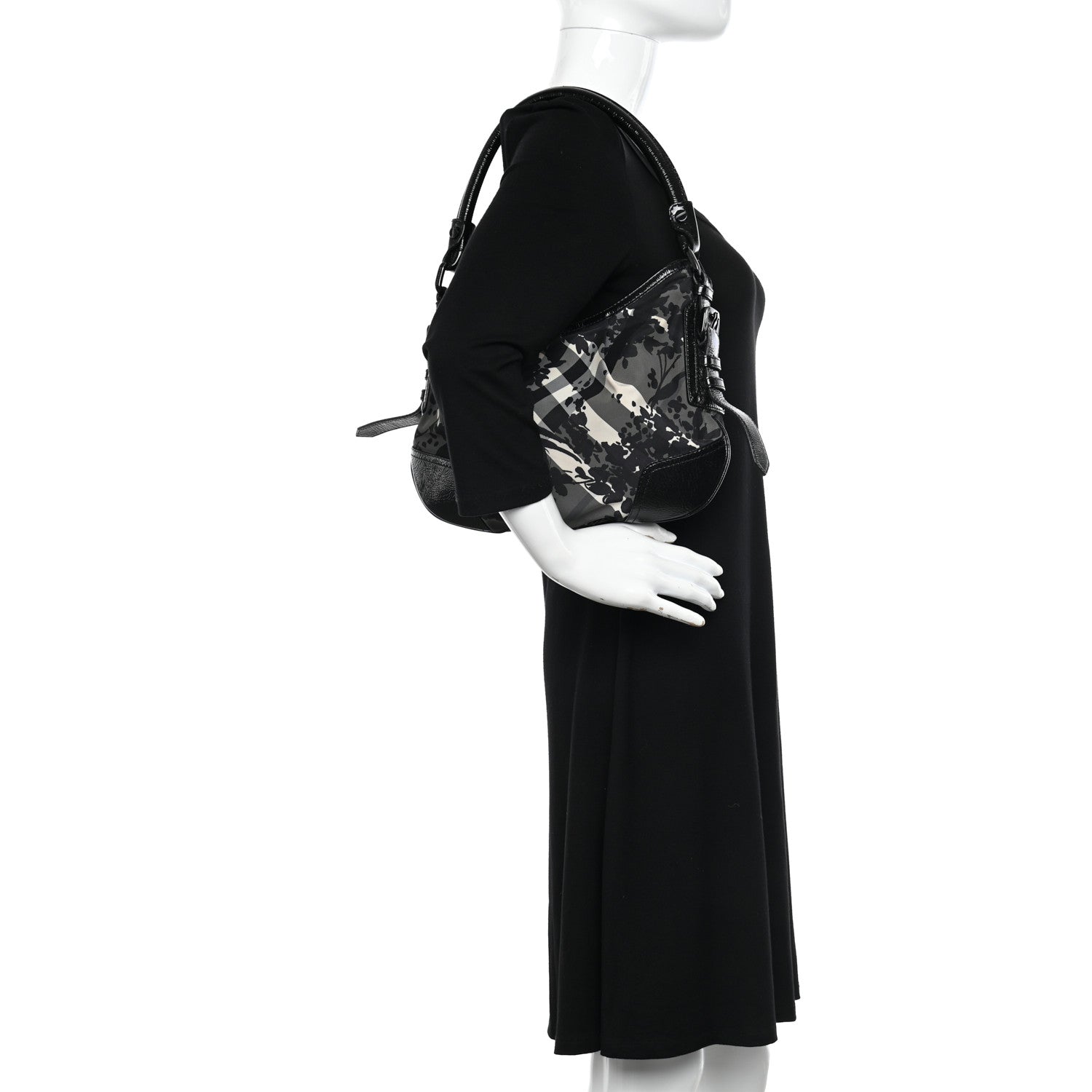 Burberry Patent Nylon Beat Check Floral Print Hobo Black 2 of 12