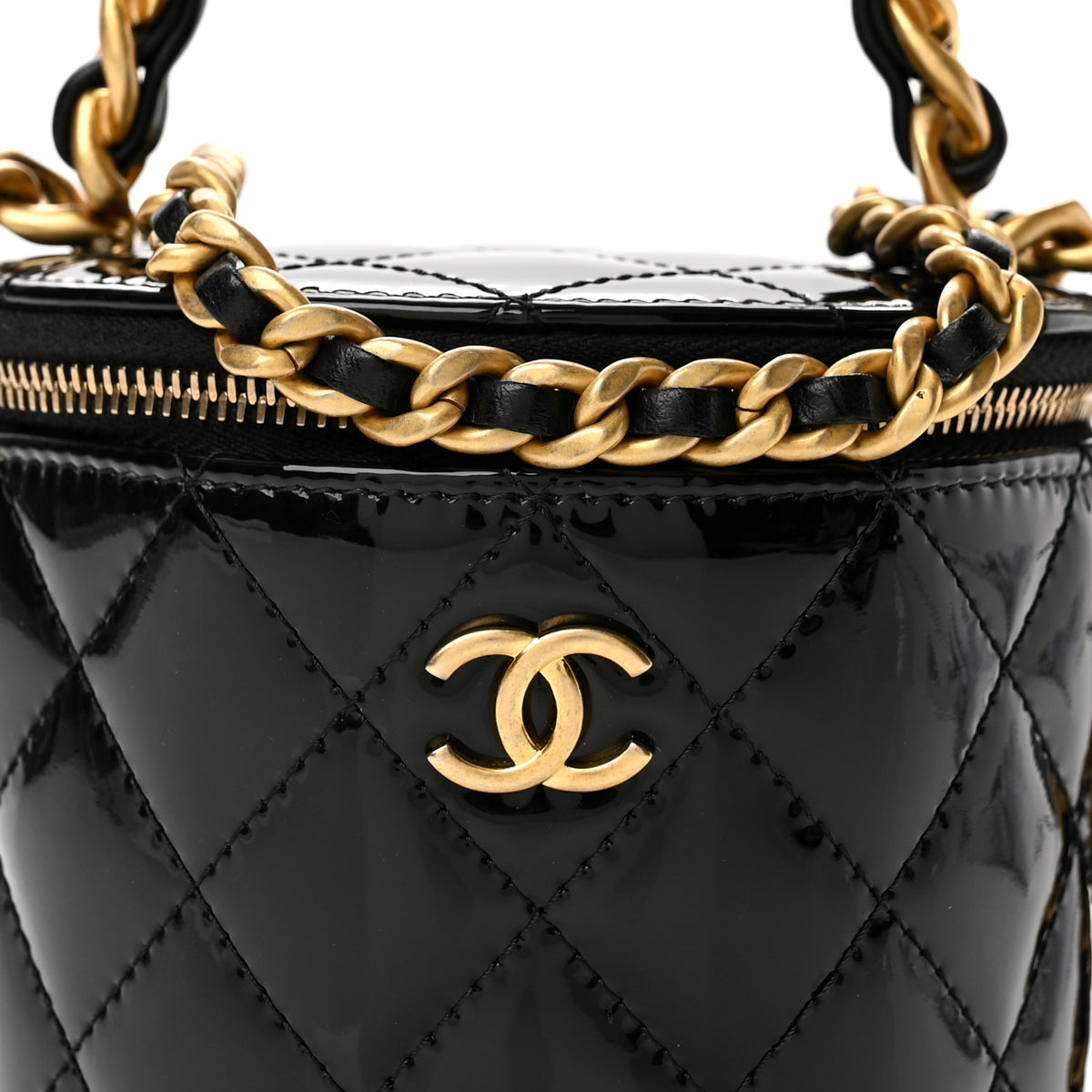 Patent Quilted Afternoon Tea Top Handle Vanity Case With Chain Black