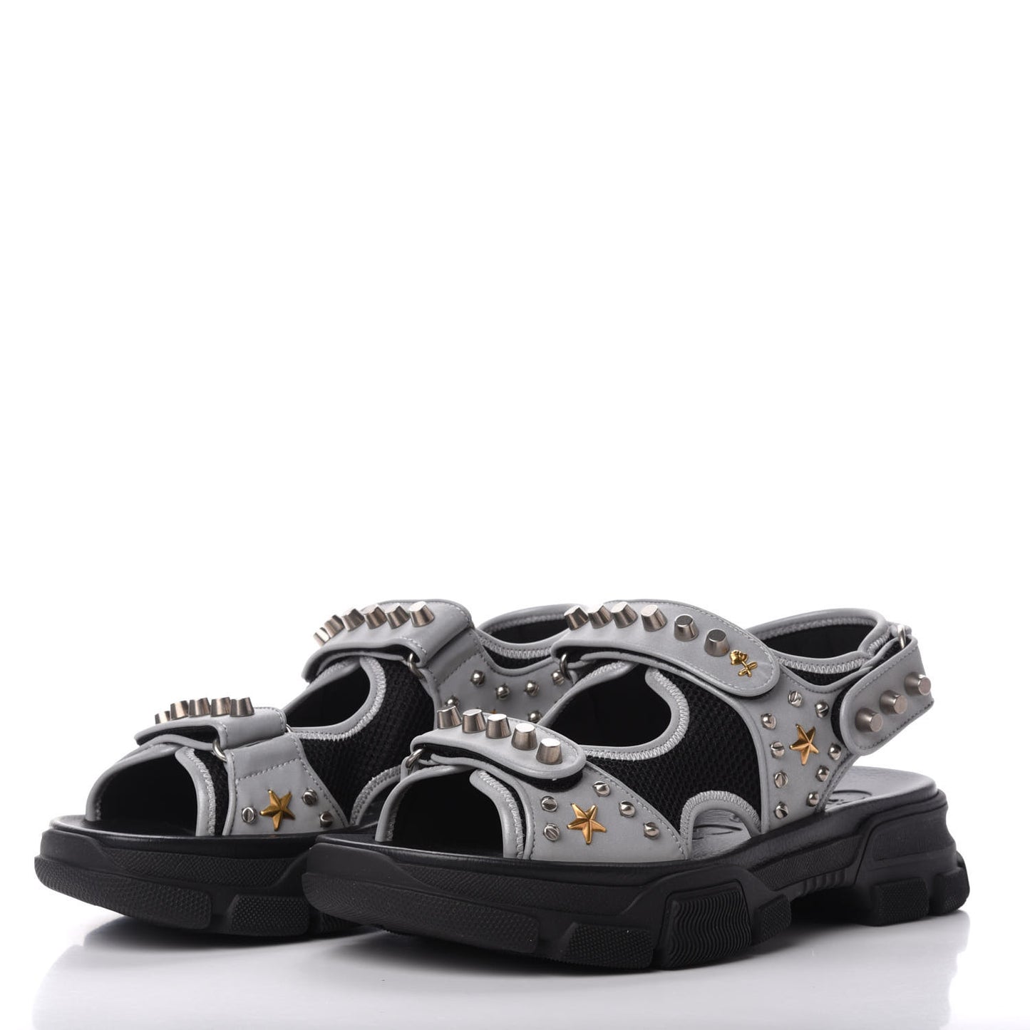 Technical Canvas Calfskin Reflective Studded Mens Aguru Sandals 9 Silver Black