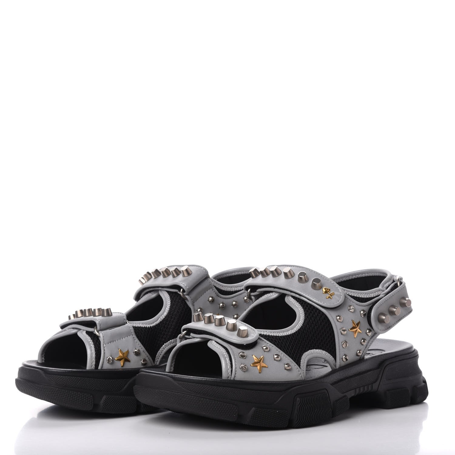 Gucci Technical Canvas Calfskin Reflective Studded Mens Aguru Sandals 9 Silver Black 3 of 8